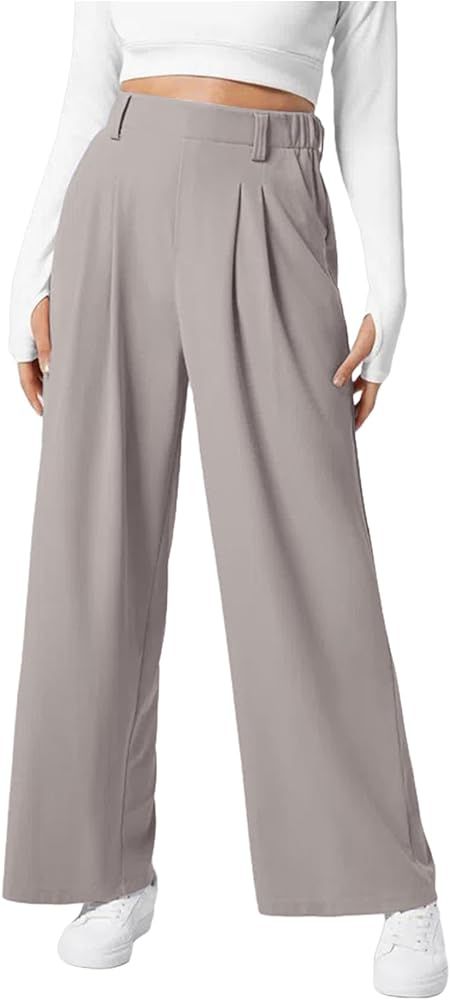 EVALESS Women's Wide Leg Pants Elastic High Waisted Waffle Knit Casual Palazzo Pants Trousers wit... | Amazon (US)