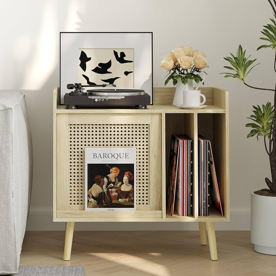 Semiocthome Record Player Stand with Vinyl Storage, Record Player Table with Rattan Cabinet Door,... | Amazon (US)