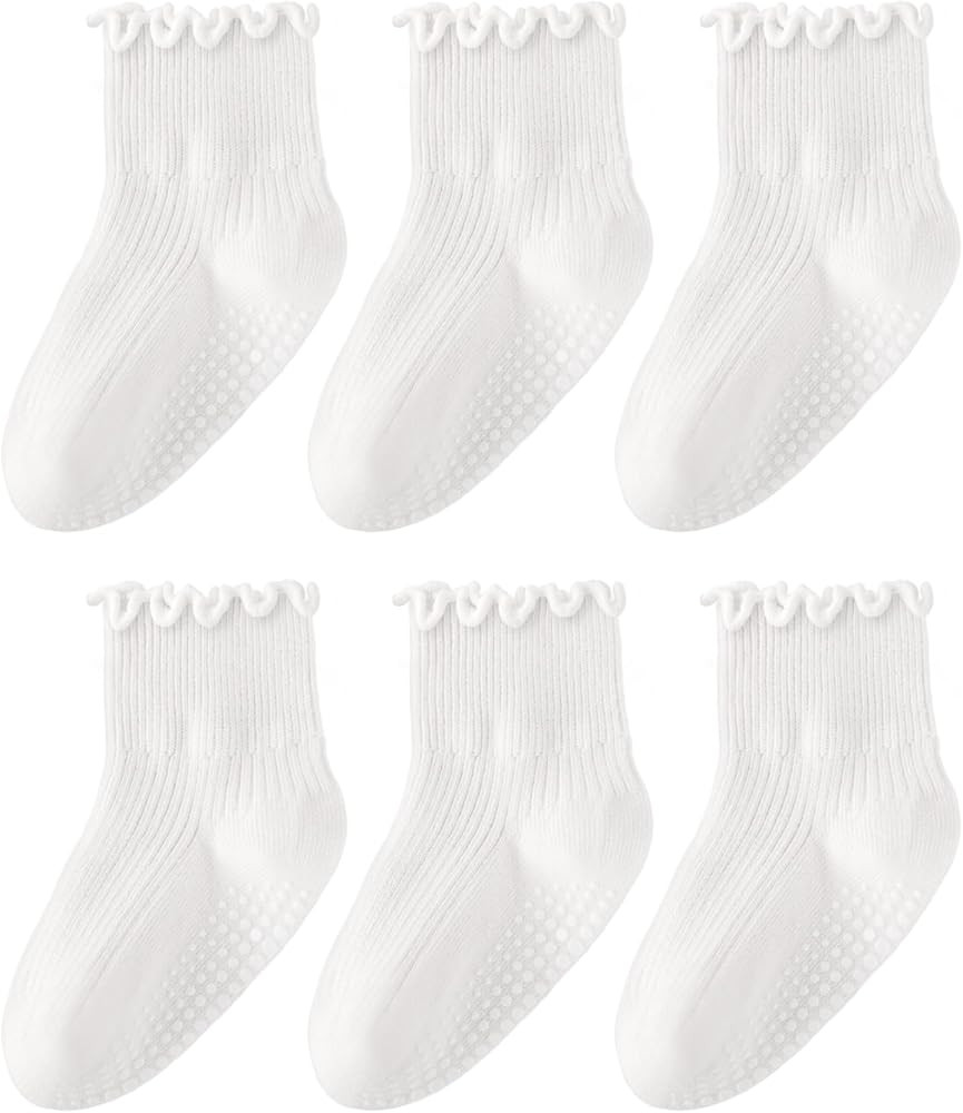 HONGTEYA 6 Pairs Toddler Ruffle Socks for Girls Non Slip Baby Socks with Grips for 1-2 Years 3-4 ... | Amazon (US)