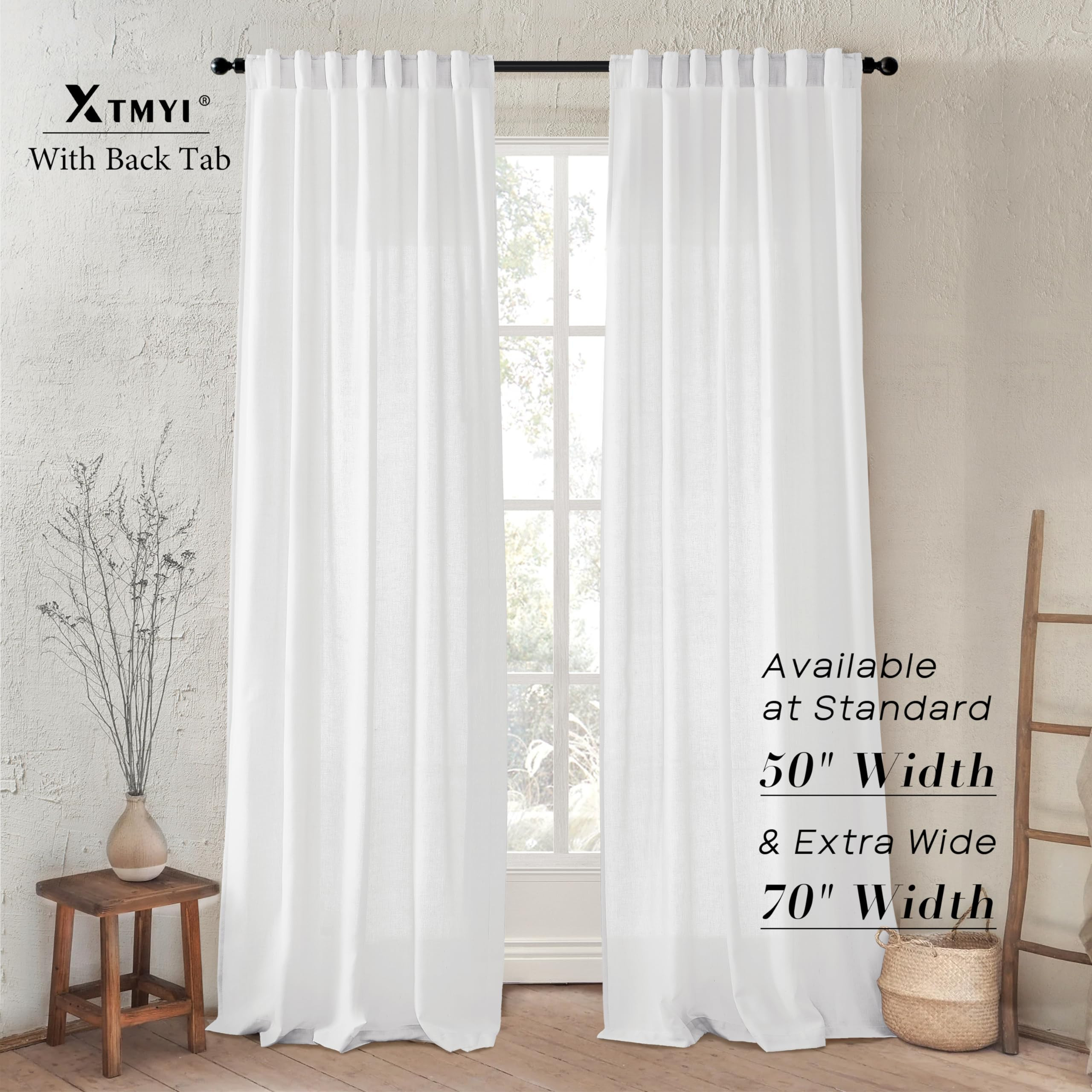 XTMYI White Curtains 96 Inches Long for Living Room Pleated with Heading Tape Hooks Solid Linen L... | Amazon (US)