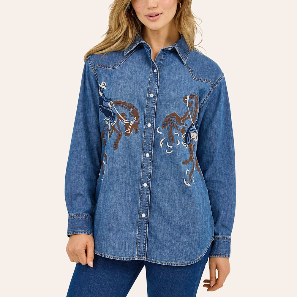 Wrangler Retro Women's Medium Wash Bronc Rider Embroidered Denim Shirt | Cavender's