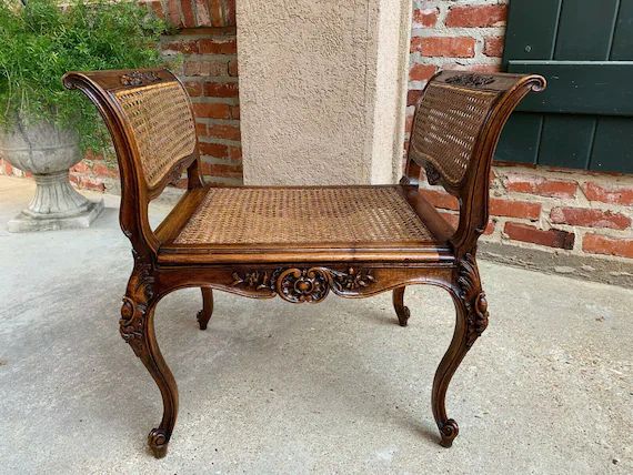 Antique French Carved Oak Vanity Bench Stool Chair Cane Seat Louis XV  Dressing | Etsy (US)