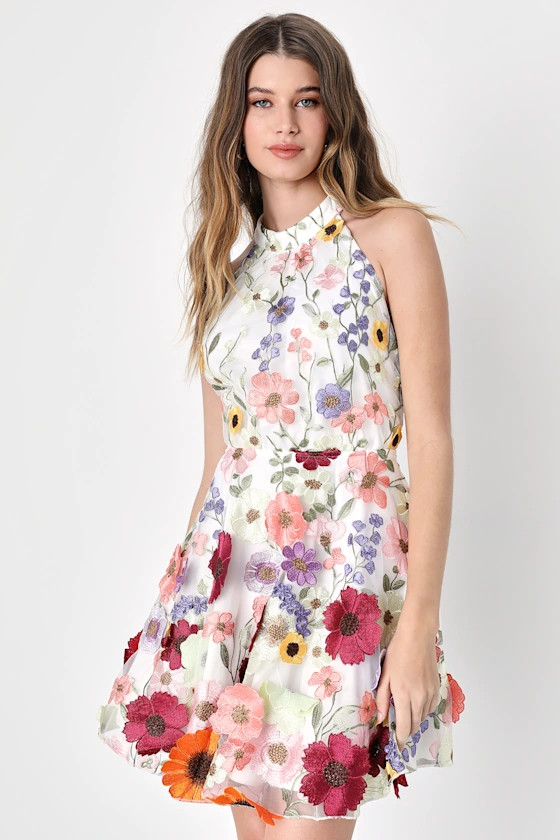 Blooming Bliss Ivory 3D Floral Embroidered Halter Mini Dress | Lulus (US)