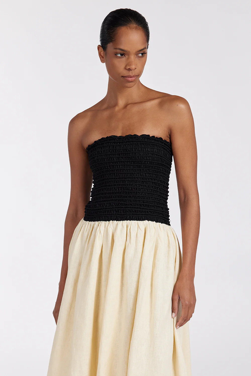 LEN BLACK STRAPLESS MIDI DRESS | DISSH