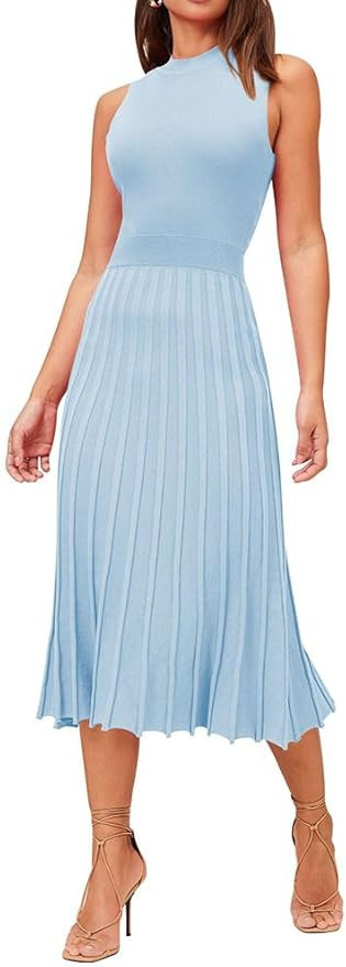 Pink Queen Women's Crew Neck Sleeveless High Waisted Bodycon Pleated Ribbed Swing Knit Midi Dress... | Amazon (US)
