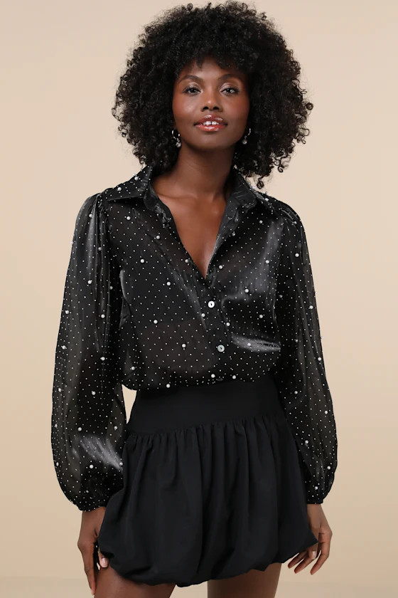 Poised Glam Black Sheer Rhinestone Button-Up Top | Lulus