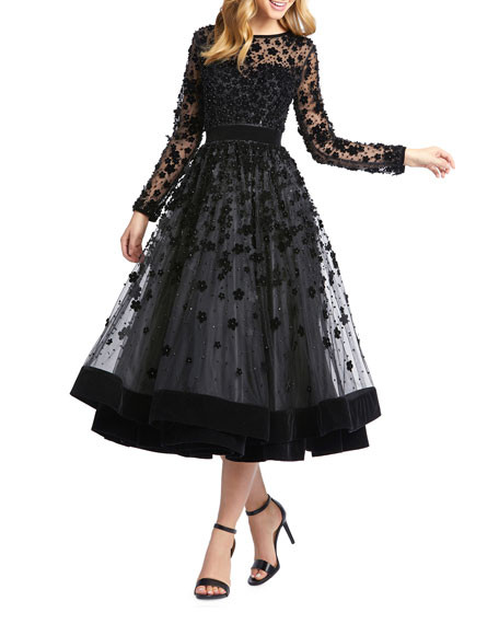 Mac Duggal Long-Sleeve Tea-Length Floral Applique Cocktail Dress | Neiman Marcus