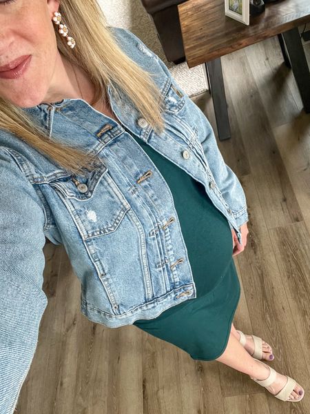 25 weeks pregnant 
Dress Amazon 
Denim jacket Old Navy
Heels Old Navy
Earrings Walmart 

#LTKsalealert #LTKbump #LTKfindsunder50