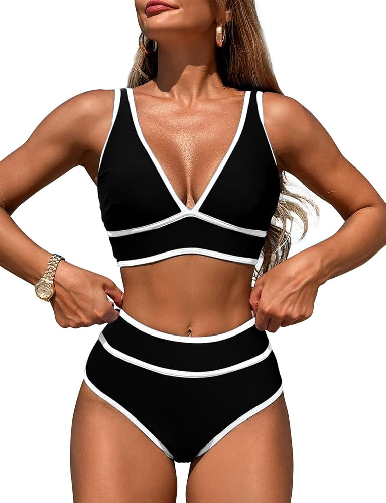 YACUN Womens High Waisted Bikini Sets Two Piece Color Block Bathing Suits Deep V Neck Swimsuits | Amazon (CA)