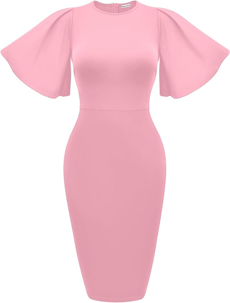 Memoriesea Women's Basic Bodycon Ruffle Flared Short Sleeve Pencil Midi Dress | Amazon (US)
