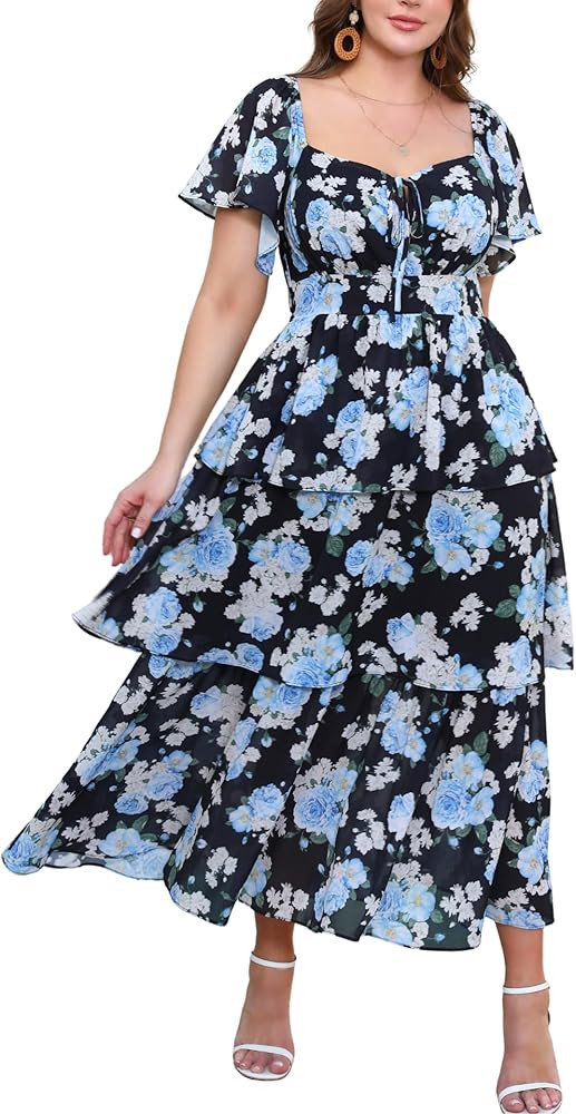EYWOL Plus Size Summer Dresses for Women Floral Off Shoulder Smocked Waist Tiered Ruffle Casual B... | Amazon (US)