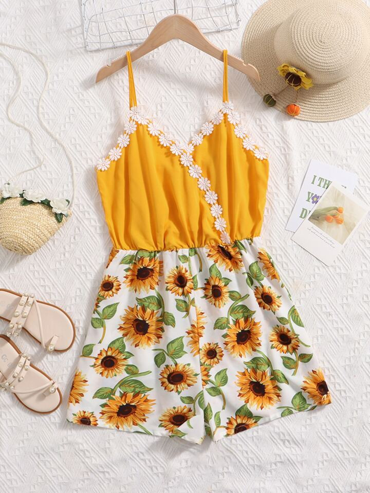 SHEIN WYWH Plus Sunflower Print Contrast Guipure Lace Cami Romper | SHEIN