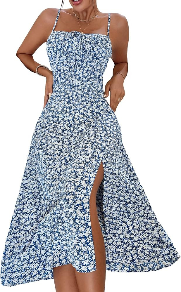 MakeMeChic Women's Floral Print Spaghetti Strap Tie Front Split Cami Summer Midi Dress | Amazon (US)