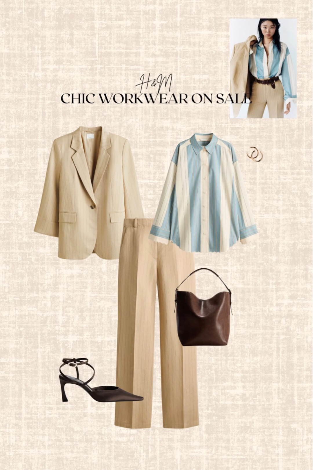 H&M Chic workwear on sale! 

Blazer, shirt, pants, heels, earrings, bag 

#LTKWorkwear #LTKSaleAlert #LTKootd