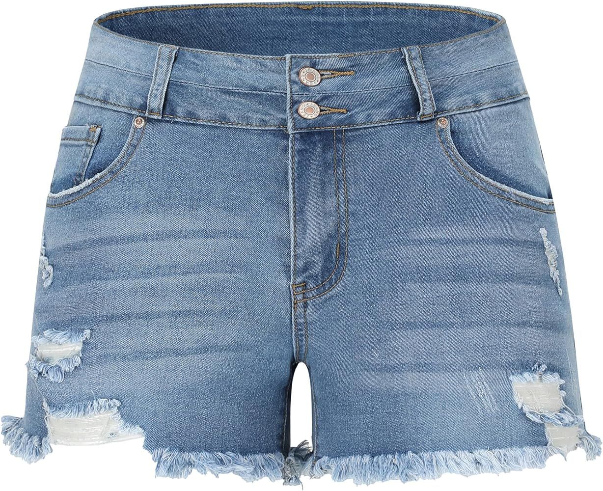 THUNDER STAR Women Mid Rise Ripped Stretchy Jeans Shorts Frayed Raw Hem Casual Denim Shorts | Amazon (US)