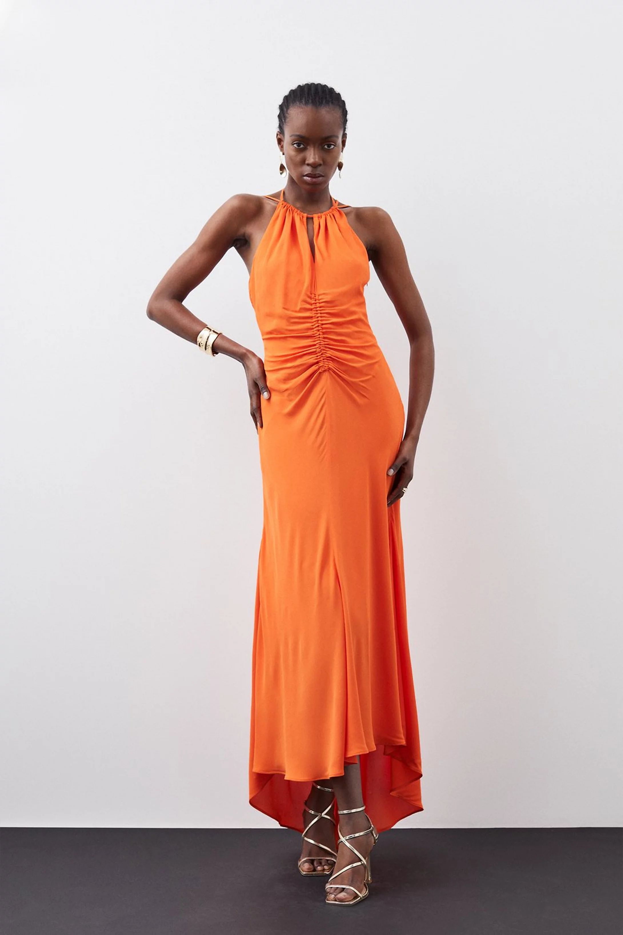 Premium Ruched Halter Strappy Maxi Dress | Karen Millen UK + IE + DE + NL
