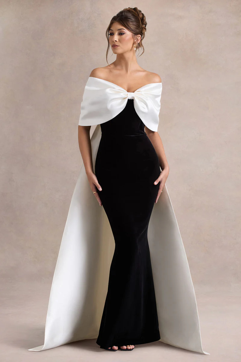 Wanting More  Black & White Satin Cape Maxi Dress With Oversized Bow | Club L London