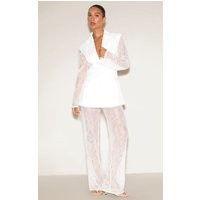 White Woven Sheer Lace Mid Rise Straight Leg Trousers, White | PrettyLittleThing UK