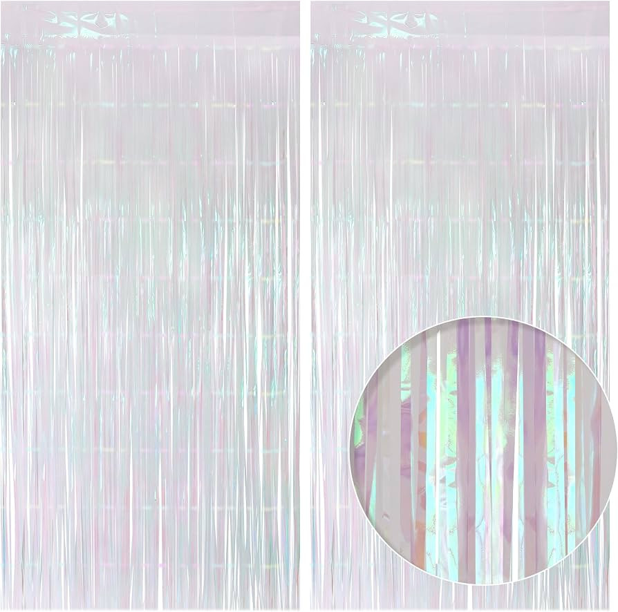 2 Pack White Iridescent Streamers Backdrop, 3.3x6.6ft Foil Fringe Curtains Silver Holographic Doo... | Amazon (US)