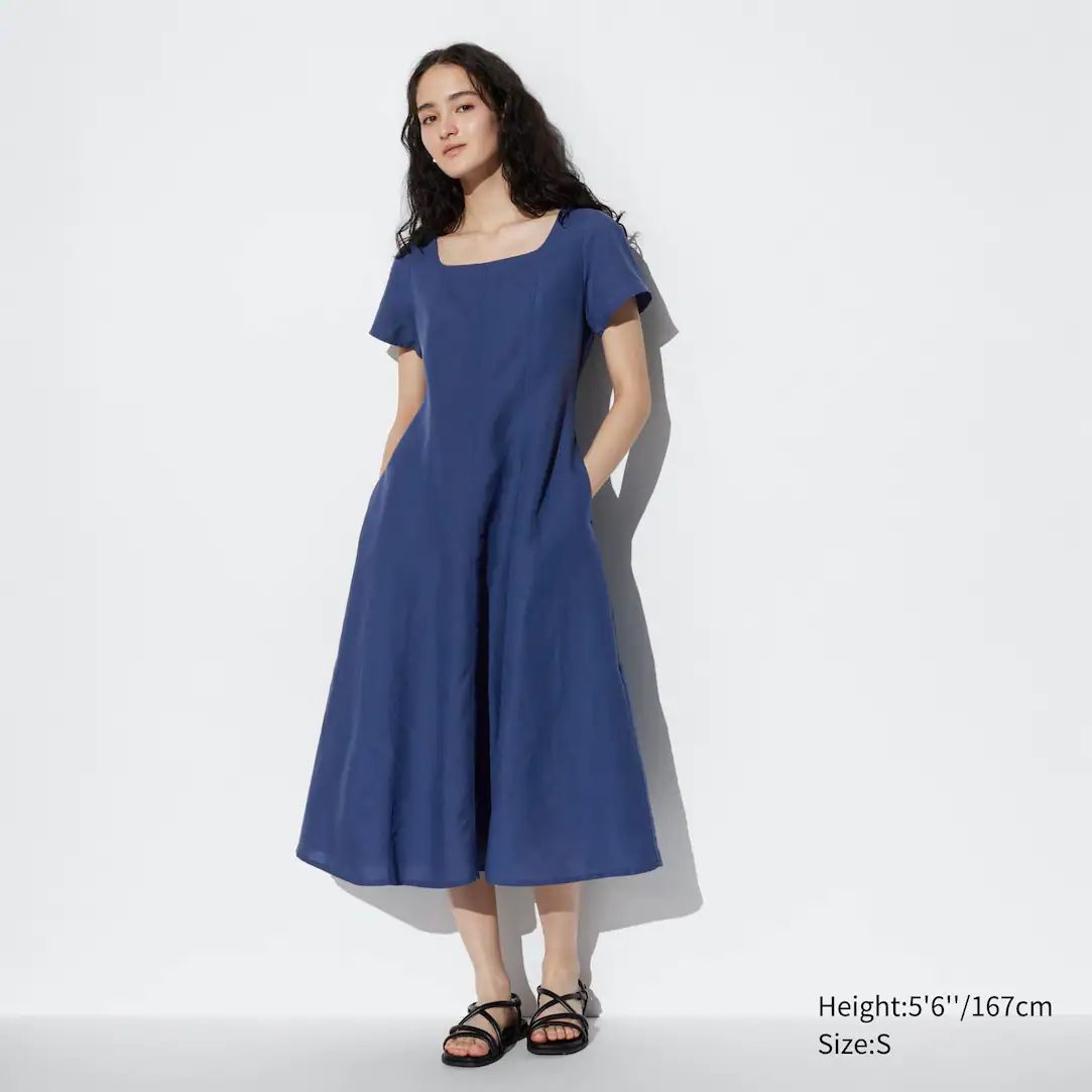 Leinenmix Kurzarm Kleid mit Karree-Ausschnitt | UNIQLO (DE)