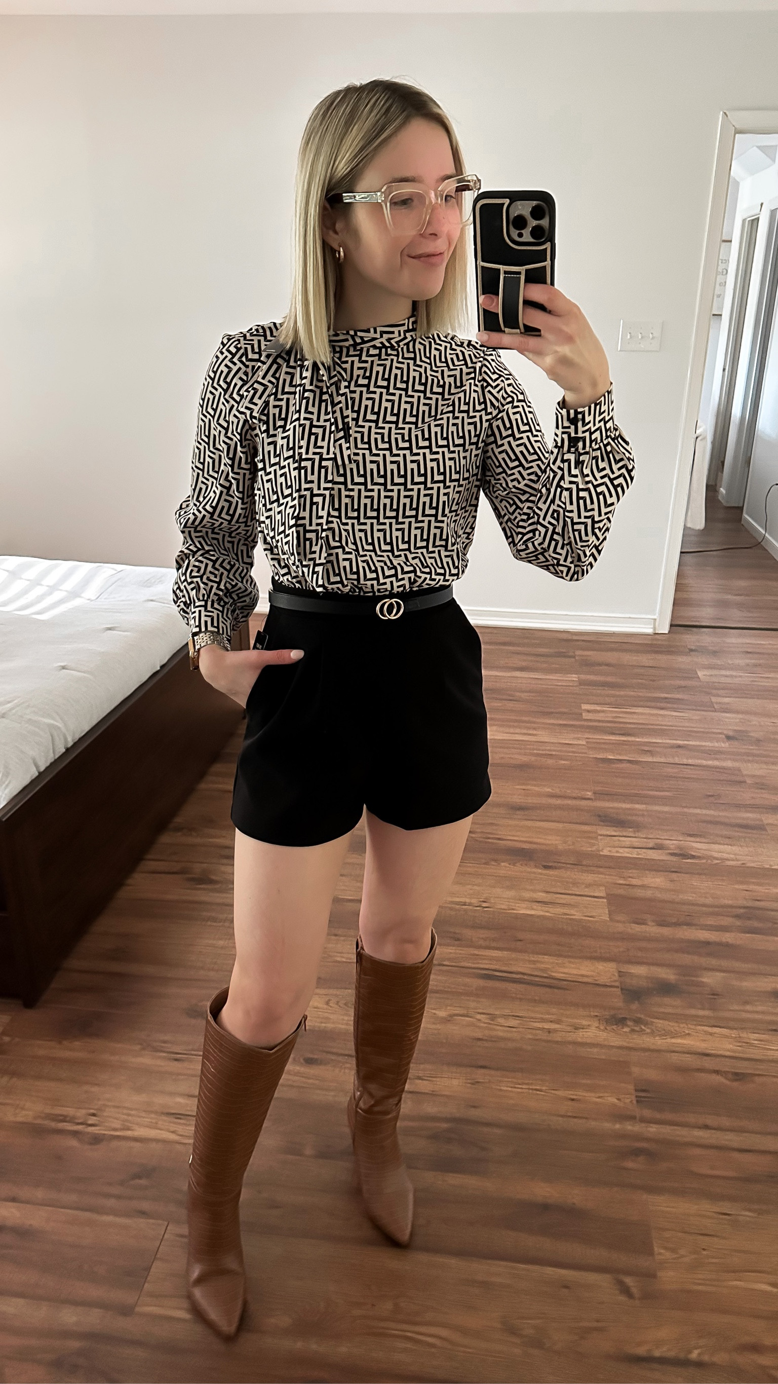 Express Printed Tie Neck Long Sleeve Romper XS TTS. SO comfy and stretchy 

Brown crocodile knee high boots TTS. Would also look cute paired with the black Sam Edelman Sylvia Knee High boots - linking below & will share once they come in 

#LTKshoecrush #LTKworkwear #LTKstyletip