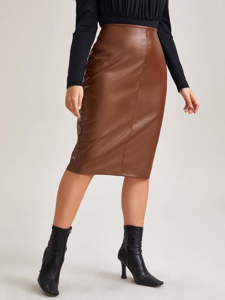 SHEIN Plus Split Hem PU Leather Skirt | SHEIN