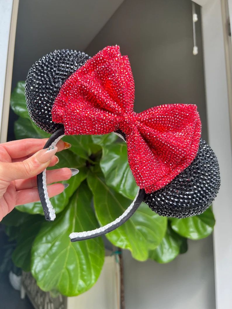 Rhinestone Mouse Ears Black and Red Ears Sparkle Double Minnie Bow Handmade Rhinestone Headband R... | Etsy (US)