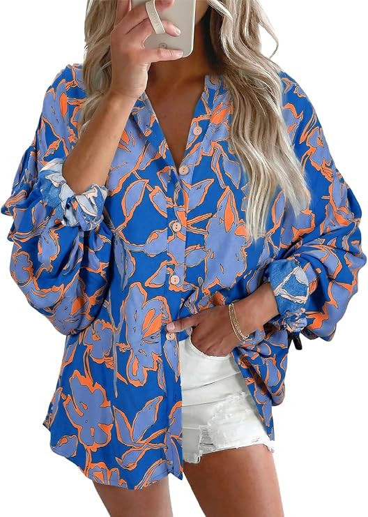 Astylish Womens 2026 Boho Floral Loose Spring Summer Tops Lantern Sleeve Flowy Blouses V Neck But... | Amazon (US)