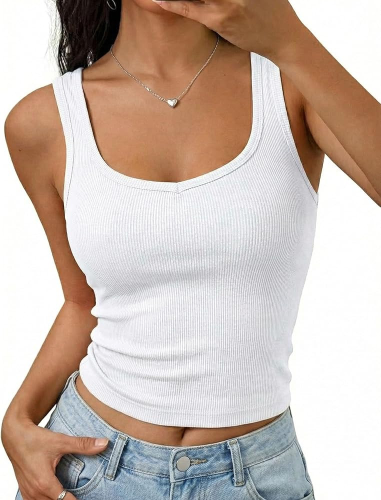 Womens Ribbed Tank Tops, Scoop Neck Crop Top, 2026 Summer Casual Sleeveless Shirt, Going Out Outf... | Amazon (US)