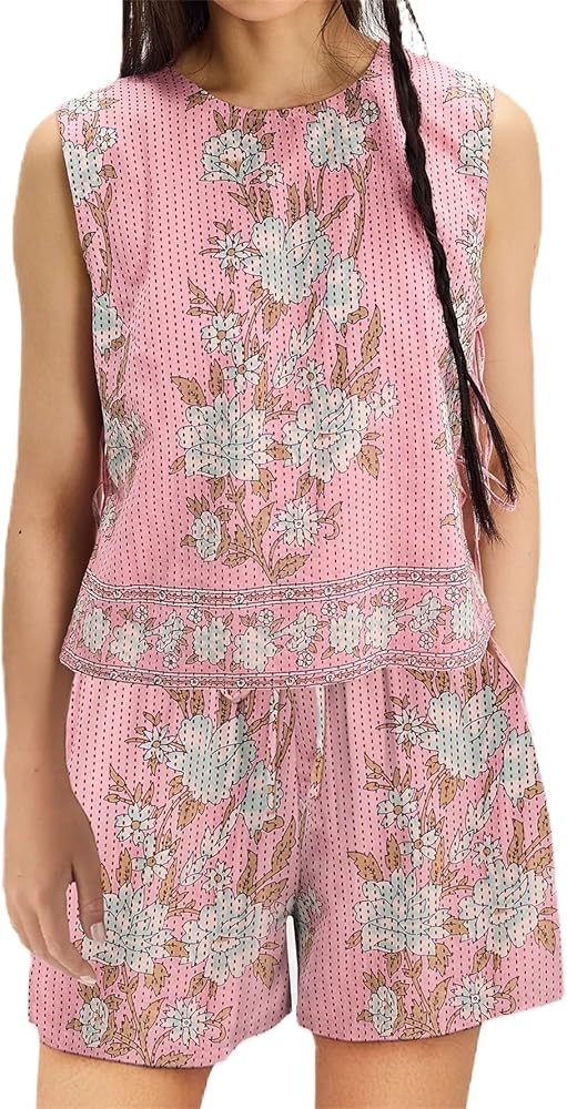 Yuemengxuan Women Tie Side Tank Top Shorts 2 Piece Outfits Set Sleeveless Floral Embroidered Crop... | Amazon (US)