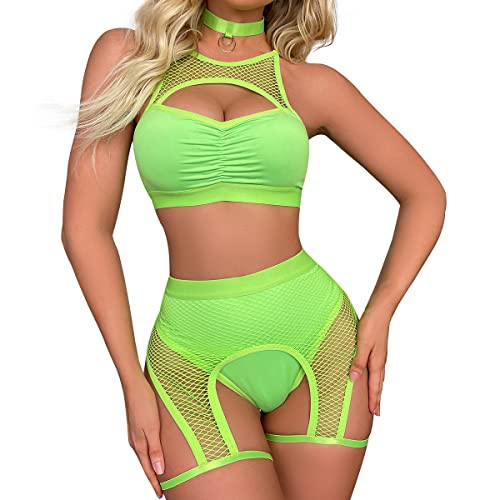 Women's Rave Outfits Cutout Fishnet Top High Waisted Booty Shorts Bottom Choker 3 Pieces Babydoll Lingerie Nightwear Festival Clothes Fluorescent Green Large | Amazon (US)
