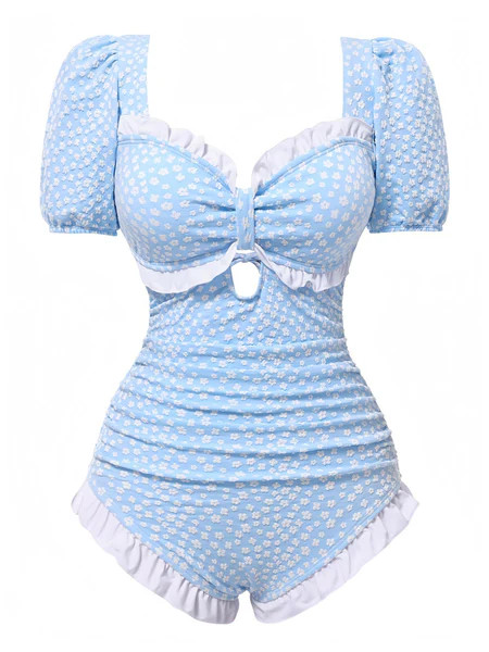 Blue 1940s Ditsy Floral Ruffles One-Piece Swimsuit | Retro Stage