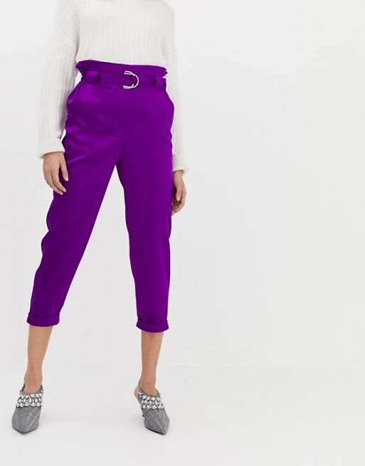 River Island tapered pants with paperbag waist in purple | ASOS US