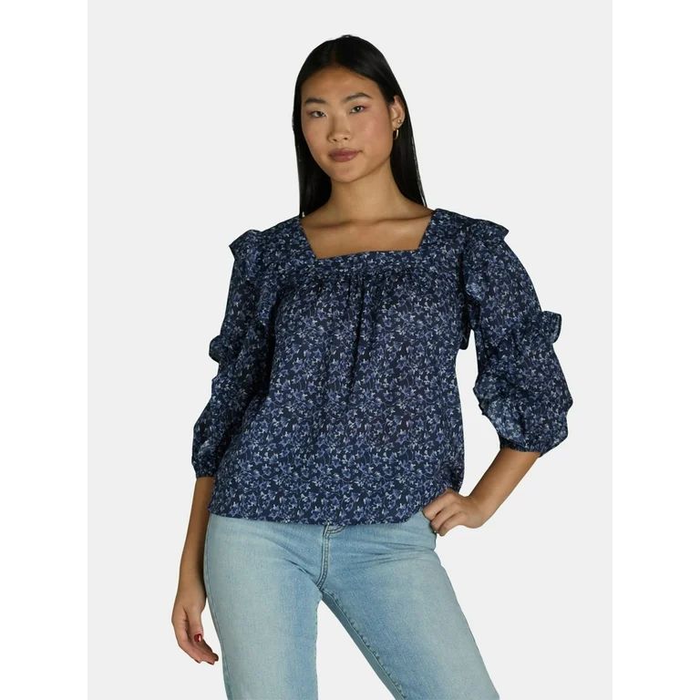 The Pioneer Woman Cotton Square Neck Blouse with Ruffle Sleeves, Women’s, Sizes XS-3X | Walmart (US)