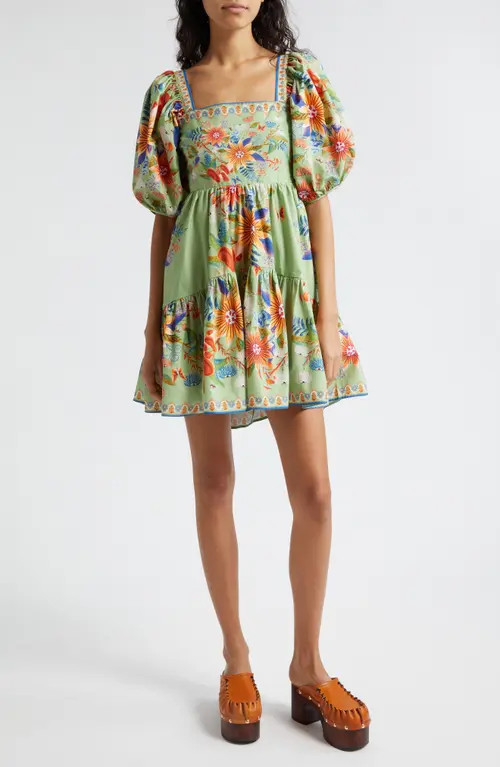 FARM Rio Bright Yard Ruffle Hem Puff Sleeve Minidress in Bright Yard Green at Nordstrom, Size Xx-... | Nordstrom