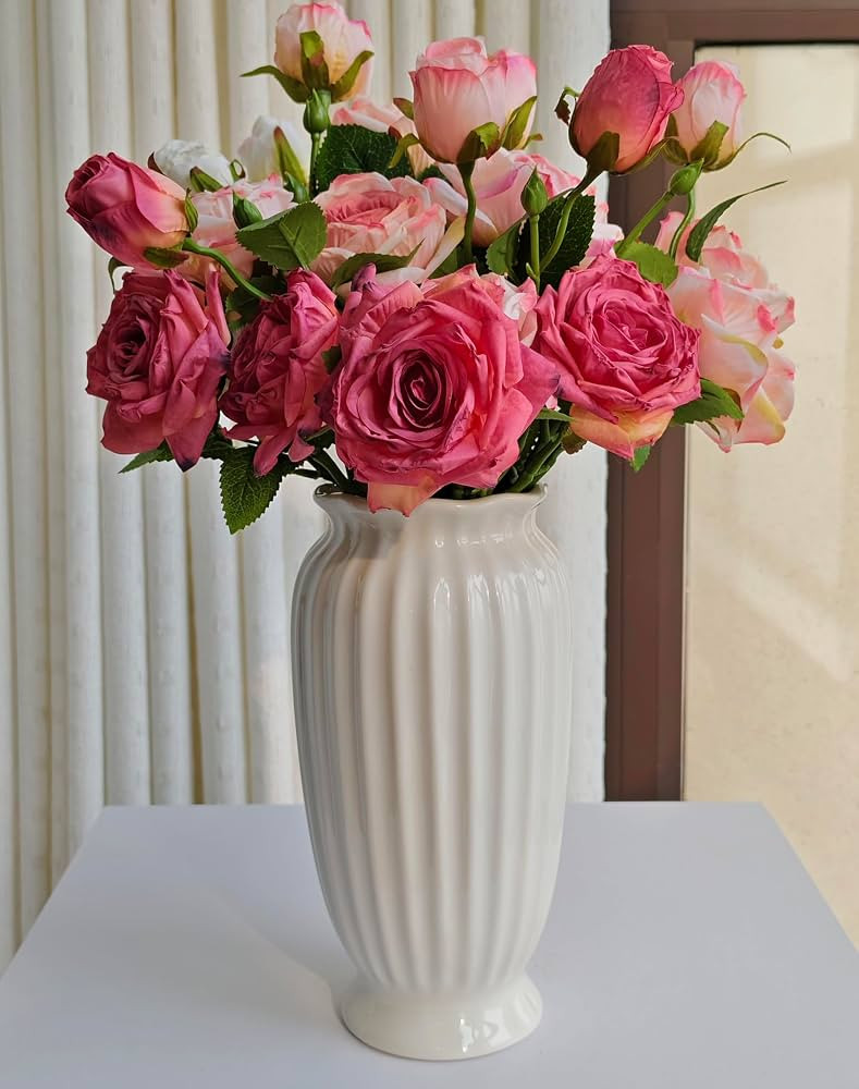 White Ceramic Vase, 9.1 Inch Water Safe Vase for Fresh Flowers, Farmhouse Home Decor Table Center... | Amazon (US)