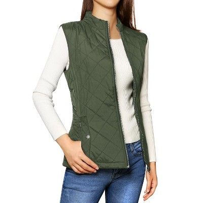 Woman Zip Up Front Stand Collar Slant Pockets Quilted Padded Vest | Target