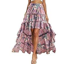 BTFBM Women Boho Floral Print Long Skirts Dress Chic High Low Side Split Ruffle Hem Elastic Waist... | Amazon (US)
