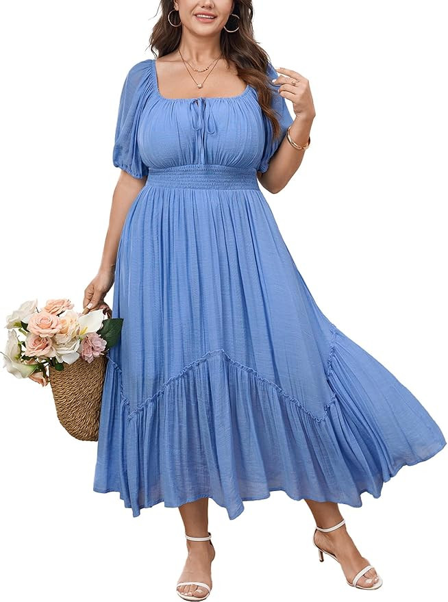 Women's Plus Size Dress Short Sleeve Square Neck Tie Front Ruffle Hem Boho Maxi Milkmaid Dress | Amazon (US)