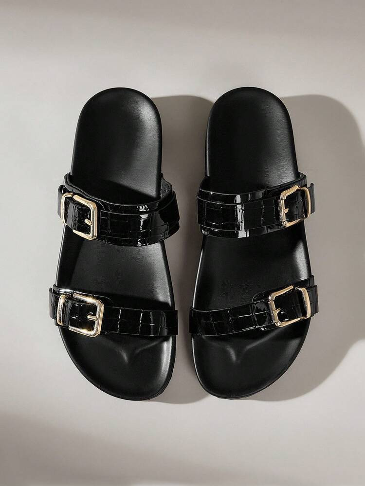 Solecia Casual Black Flat Sandals With Metal Square Buckle, Ideal For Vacation Spring... | SHEIN