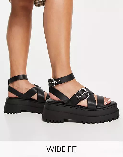 Public Desire Wide Fit Follow chunky sandals with ankle strap in black | ASOS (Global)