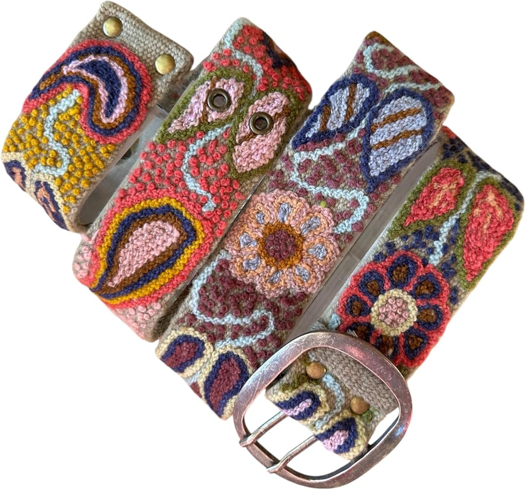 Hand Embroidered Peruvian Wool Belt, Flower Belt, Statement Belt - Bohemian Mosaic Tan Base | Amazon (US)