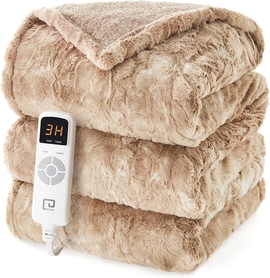 EHEYCIGA Electric Heated Blanket Throw Faux Fur, 10 Hours Auto Shut Off 6 Heating Levels Heating ... | Amazon (US)