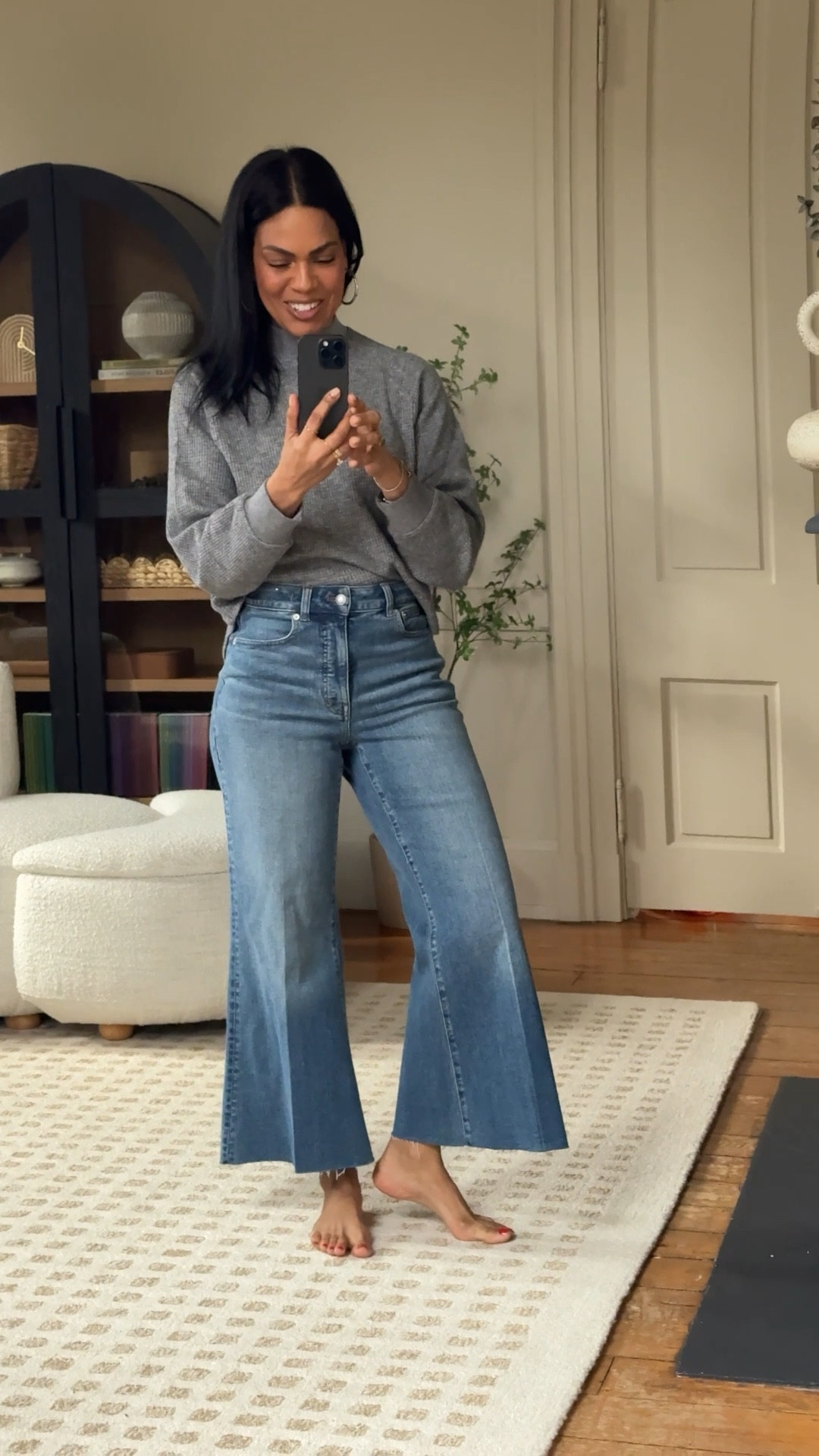 Someone asked me to share this as a reel so here you go! These madewell cropped wide leg jeans are so good! SIZING: if you don’t have a booty get the regular and go true to size.  If you have a booty and struggle with waist gap, size down and get the “curvy”.  I’m 5’4” I got the curvy and sized down :) IGNORE THE WEBSITE PHOTOS the length on both curvy and regular are the same: 27” crops.

#LTKOver40