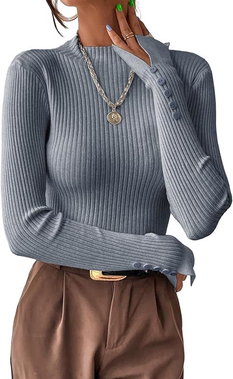 SweatyRocks Women's Long Sleeve Split Cuff Cropped Sweater Mock Neck Ribbed Knit Pullover Crop To... | Amazon (US)