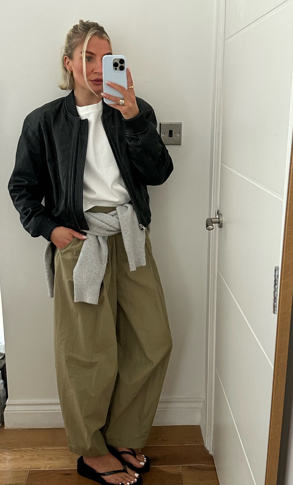 Barrel leg trousers outfit 
Leather bomber jacket 
Black bomber jacket 
Grey jumper 
Boxy white top
Long sleeve white top
Black flip flops 
Spring outfits

#LTKootd #LTKgrwm