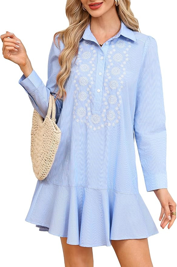 YEXPINE Women's Cotton Shirt Dress Embroidered Floral Striped Button Down Collared Casual Summer ... | Amazon (US)