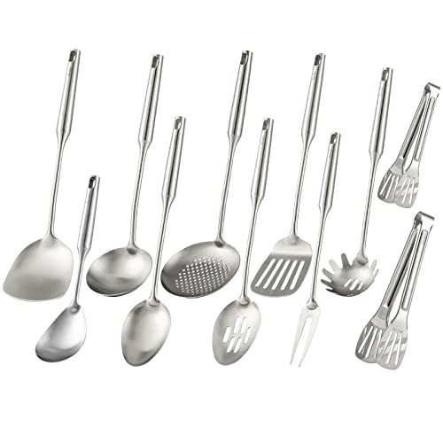 18/10 Stainless Steel Kitchen Utensils Set - 15” All Metal Cooking Tools, 11PCS - 2 Tongs, Fork, Solid Spoon, Slotted Spoon, Spatula, Soup Ladle, Skimmer, Slotted Spatula, Spaghetti Spoon, Large Spoon | Amazon (US)