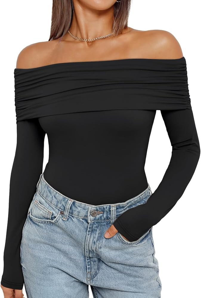 Trendy Queen Long Sleeve Off Shoulder Bodysuits for Women 2024 Slimming Fit Compression Backless ... | Amazon (US)