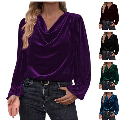 Womens Velvet Tops Cowl Neck Drape Ruched Front Long Sleeve T Shirts Cocktail Evening Party Dressy Shirt Blouses Purple | Amazon (US)